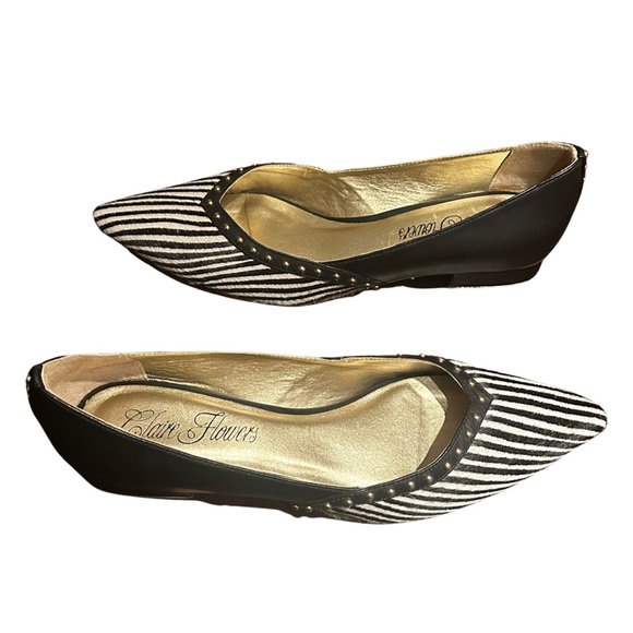 Claire Flowers Black and white leather flat with gold studs Size: 7 NEW - Picture 1 of 8